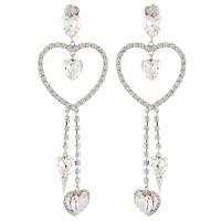 Rhinestone Brass Drop Earring, with Brass, Heart, silver color plated, fashion jewelry & for woman & hollow 