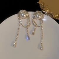 Fashion Fringe Boucles d'oreilles, strass, avec perle de plastique & alliage de zinc, Placage de couleur d'or, Vintage & pour femme Vendu par paire