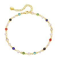 Brass Anklet, with Glass Rhinestone & Plastic Pearl, with 2.36inch extender chain, 18K gold plated, fashion jewelry & for woman, golden Approx 8.26 Inch 