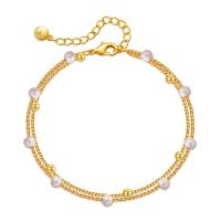 Brass Bracelets, with ABS Plastic Pearl, with 2.36inch extender chain, 18K gold plated, Double Layer & fashion jewelry & for woman, golden, 4mm Approx 6.49 Inch 