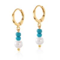 Turquoise Drop Earring, Brass, with Shell Pearl & turquoise, 18K gold plated, fashion jewelry & for woman, golden, 31.5mm 