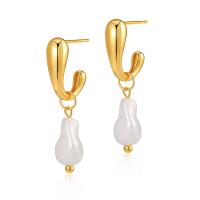 Brass Drop Earring, with Shell Pearl, 18K gold plated, fashion jewelry & for woman, golden, 42mm 