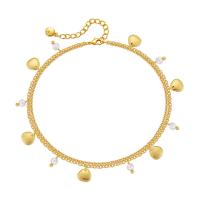 Brass Anklet, with Plastic Pearl, with 2.36inch extender chain, 18K gold plated, Double Layer & fashion jewelry & for woman, golden Approx 8.46 Inch 