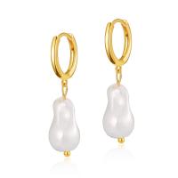 Brass Drop Earring, with Shell Pearl, 18K gold plated, fashion jewelry & for woman, golden, 35mm 