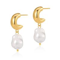 Brass Drop Earring, with Shell Pearl, gold color plated, fashion jewelry & for woman, golden, 35mm 
