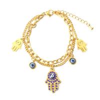 Evil Eye Jewelry Bracelet, 304 Stainless Steel, with 1.57inch extender chain, Evil Eye Hamsa, plated, Double Layer & for woman & enamel & with rhinestone, golden Approx 6.3 Inch 