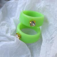 Resin Finger Ring, with rhinestone, fluorescent green, Outer diameter about 2.1*2.1cm; Inner meridian about 1.7*1.7cm 