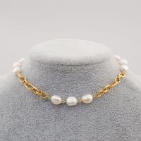 Natural Freshwater Pearl Necklace, Titanium Steel, with Freshwater Pearl, with 10CM extender chain, gold color plated, for woman, white Approx 31 cm 