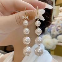 Kunststoff Perle Zink Legierung Ohrring, Kunststoff Perlen, Schleife, goldfarben plattiert, für Frau & mit Strass, 10x80mm, verkauft von Paar[