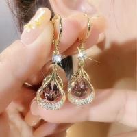 Cubic Zirconia Micro Pave Brass Earring, Teardrop, gold color plated, micro pave cubic zirconia & for woman 50mm 