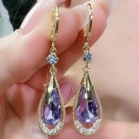 Rhinestone Brass Drop Earring, with Crystal, Teardrop, gold color plated, for woman & with rhinestone 