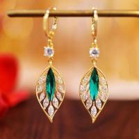 Rhinestone Brass Drop Earring, Leaf, gold color plated, for woman & with rhinestone & hollow 