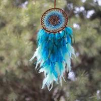 Fashion Dream Catcher, Feather, with Cotton Thread & Wood & Iron, for home and office & hollow, blue 