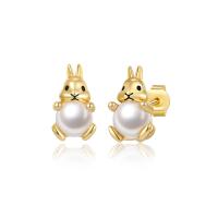 Sterling Silver Stud Earring, 925 Sterling Silver, with Shell Pearl, Rabbit, plated, fashion jewelry & for woman 