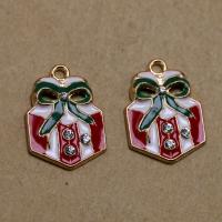 Zinc Alloy Christmas Pendants, gift shape, gold color plated, DIY & enamel & with rhinestone, red [