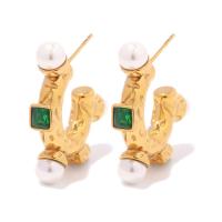 Stainless Steel Cubic Zirconia Stud Earring, 304 Stainless Steel, with Plastic Pearl, 18K gold plated, fashion jewelry & micro pave cubic zirconia & for woman, golden 