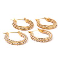 Stainless Steel Leverback Earring, 304 Stainless Steel, with Plastic Pearl, 18K gold plated & for woman & with rhinestone, golden 