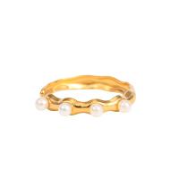 Stainless Steel Finger Ring, 304 Stainless Steel, with Plastic Pearl, 18K gold plated, fashion jewelry & for woman, golden 