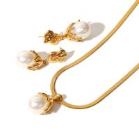 Natural Freshwater Pearl Jewelry Sets, 304 Stainless Steel, with Freshwater Pearl, with 1.97inch extender chain, Vacuum Ion Plating, fashion jewelry & for woman, golden, earring 39*17mm,pendant 29*17mm Approx 15.75 Inch 