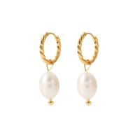 Freshwater Pearl Drop Earring, 304 Stainless Steel, with Freshwater Pearl, 18K gold plated, fashion jewelry & for woman, golden 