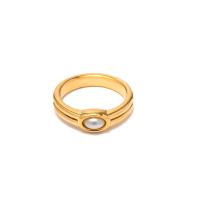 Stainless Steel Finger Ring, 304 Stainless Steel, with Plastic Pearl, 18K gold plated, fashion jewelry & for woman, golden, ring width 8.7mm 