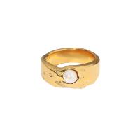 Stainless Steel Finger Ring, 304 Stainless Steel, with Plastic Pearl, 18K gold plated, fashion jewelry & for woman, golden, ring width 9mm 