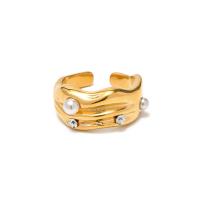 Rhinestone Stainless Steel Finger Ring, 304 Stainless Steel, with Plastic Pearl, 18K gold plated, fashion jewelry & for woman & with rhinestone, golden, ring width 10.9mm 