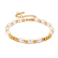 Stainless Steel Chain Bracelets, 304 Stainless Steel, with Glass Pearl, with 1.97inch extender chain, 18K gold plated, fashion jewelry & for woman, golden, 4mm Approx 6.3 Inch 