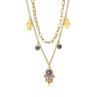 Evil Eye Jewelry Necklace, 304 Stainless Steel, with 1.97inch extender chain, Evil Eye Hamsa, plated, Double Layer & for woman & with rhinestone, golden Approx 15.75 Inch, Approx 17.72 Inch 