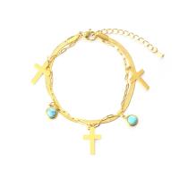 Stainless Steel Charm Bracelet, 304 Stainless Steel, with turquoise, with 1.57inch extender chain, Cross, plated, Double Layer & fashion jewelry & for woman, golden, 16.5mm Approx 5.9 Inch 