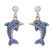 Zinc Alloy Rhinestone Drop Earring, Dolphin, gold color plated, fashion jewelry & for woman & with rhinestone, blue 
