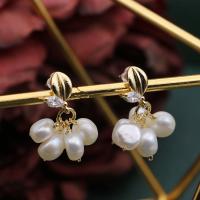 Freshwater Pearl Brass Earring, with Brass, 14K gold-filled, fashion jewelry & for woman & with rhinestone, white, 20mm 