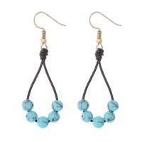 Brass Drop Earring, Synthetic Turquoise, with leather cord & Brass, Teardrop, 18K gold plated, fashion jewelry & for woman, blue, The earring length is about 15-80mm 