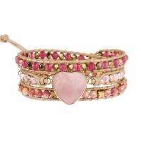 Wrap Bracelets, Rose Quartz, with Wax Cord & Gemstone & Brass, Heart, gold color plated, fashion jewelry & multilayer & Unisex, mixed colors Approx 51 cm 