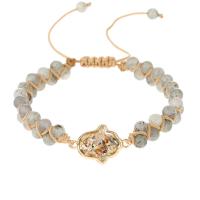 Gemstone Bracelets, Labradorite, with Knot Cord & Abalone Shell & Brass, Hand, gold color plated, Adjustable & fashion jewelry & Unisex, grey Approx 16 cm [
