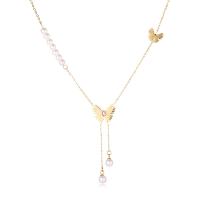 Stainless Steel Jewelry Necklace, 304 Stainless Steel, with Plastic Pearl, with 2.36inch extender chain, Butterfly, plated, fashion jewelry & for woman & with rhinestone, golden Approx 16.54 Inch [