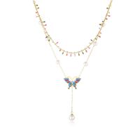 Stainless Steel Jewelry Necklace, 304 Stainless Steel, with Plastic Pearl, with 1.97inch extender chain, Butterfly, 18K gold plated, Double Layer & for woman & enamel, golden Approx 15.75 Inch, Approx 17.72 Inch [