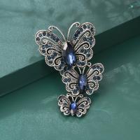 Rhinestone Zinc Alloy Brooch, Butterfly, silver color plated, with rhinestone, dark blue 