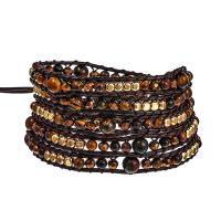 Wrap Bracelets, Tiger Eye, with Wax Cord & Brass & Zinc Alloy, Round, plated, fashion jewelry & multilayer & Unisex, mixed colors Approx 85 cm [