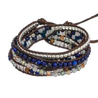 Wrap Bracelets, Natural Stone, with Wax Cord & Crystal & Brass & Zinc Alloy, Round, silver color plated, fashion jewelry & multilayer & Unisex, mixed colors Approx 85 cm [