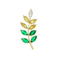 Cubic Zirconia Brooch, Brass, Leaf, fashion jewelry & micro pave cubic zirconia & for woman, golden [
