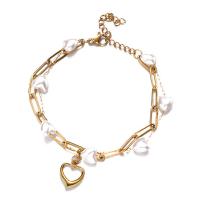 Stainless Steel Charm Bracelet, 304 Stainless Steel, with Plastic Pearl, with 1.97inch extender chain, Heart, Double Layer & fashion jewelry & for woman Approx 6.69 Inch [
