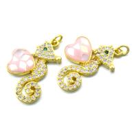 Brass Shell Pendants, with Abalone Shell, Seahorse, gold color plated, DIY & micro pave cubic zirconia, pink 