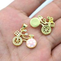 Brass Shell Pendants, with Abalone Shell, Bike, gold color plated, DIY & micro pave cubic zirconia, pink 