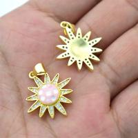 Brass Shell Pendants, with Abalone Shell, Sun, gold color plated, DIY & micro pave cubic zirconia, pink 