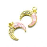 Brass Shell Pendants, with Abalone Shell, Moon, gold color plated, DIY & micro pave cubic zirconia, pink 