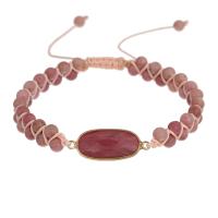 Rhodochrosite, with Knot Cord & Brass, Flat Oval, gold color plated, Adjustable & fashion jewelry & Unisex & faceted, pink 