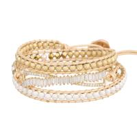 Wrap Bracelets, Hematite, with leather cord & Cubic Zirconia & Plastic Pearl & 304 Stainless Steel & Zinc Alloy, Round, gold color plated, fashion jewelry & multilayer & Unisex, mixed colors Approx 51 cm [