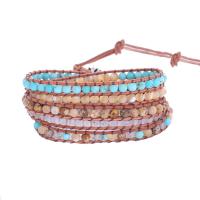 Wrap Bracelets, Natural Stone, with leather cord & Shell & Zinc Alloy, Round, silver color plated, fashion jewelry & multilayer & Unisex, mixed colors Approx 85 cm 