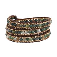 Wrap Bracelets, Indian Agate, with leather cord & 304 Stainless Steel & Zinc Alloy, Round, plated, fashion jewelry & multilayer & Unisex, mixed colors Approx 51 cm 
